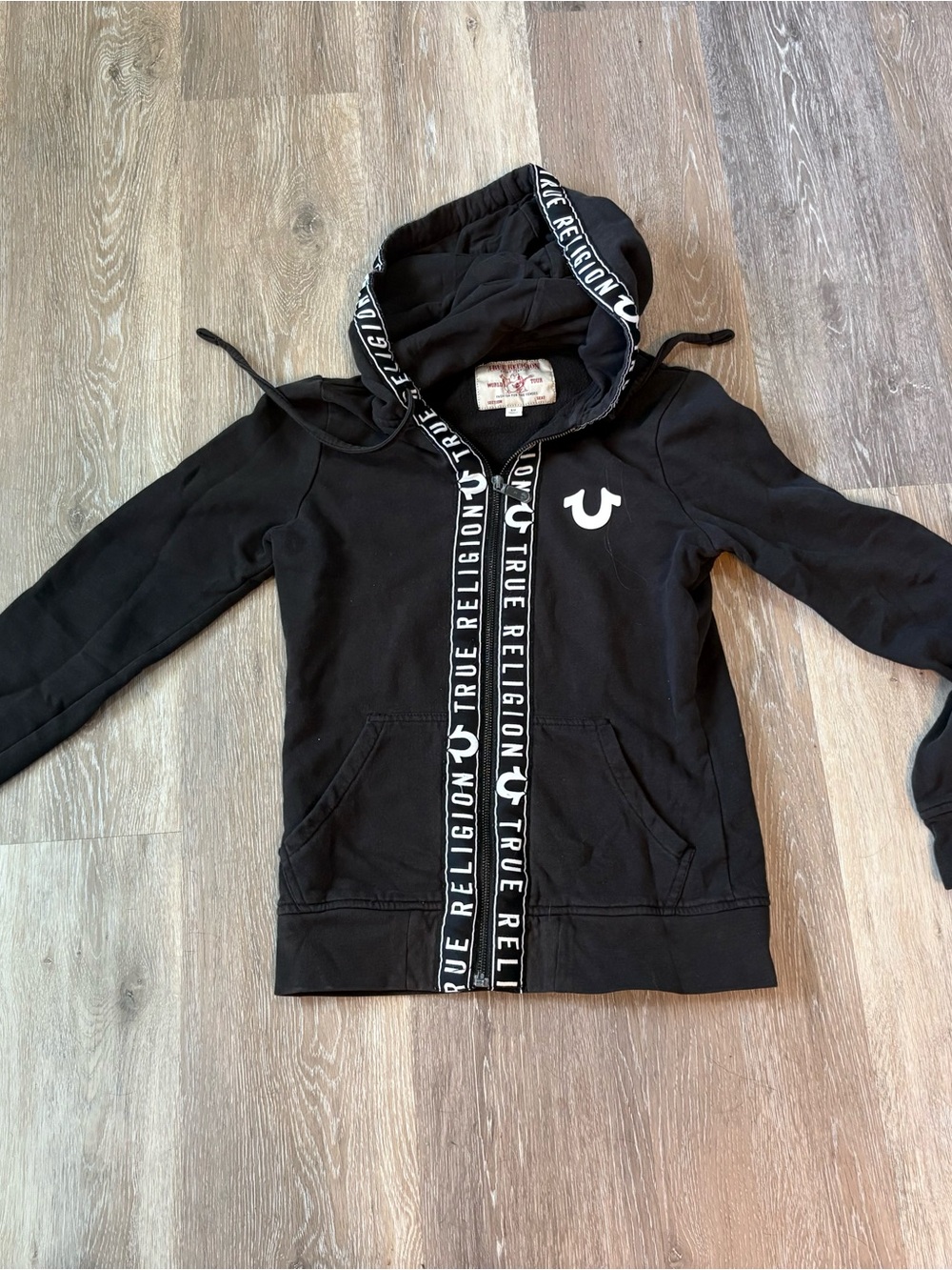True Religion Black women’s Zip Hoodie with White Logo Trim